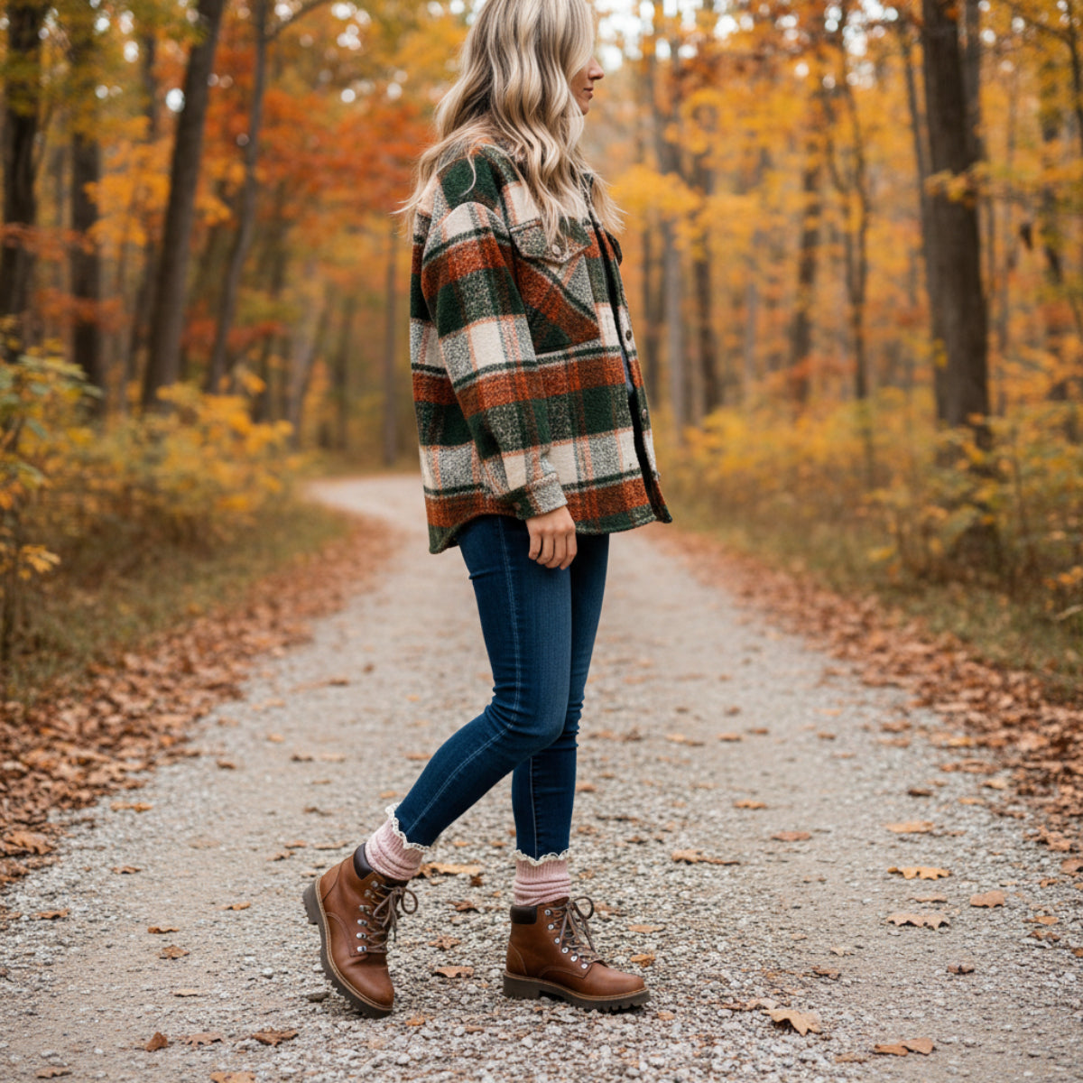 Person walking on a path in an autumn forest, pink confetti ankle socks with lace Catherine cole