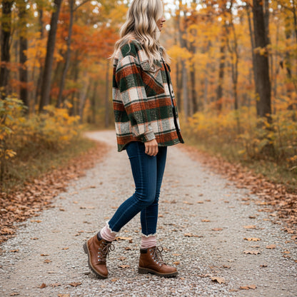 Person walking on a path in an autumn forest, pink confetti ankle socks with lace Catherine cole