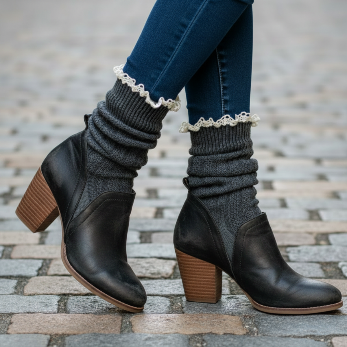 Black ankle boots with brown soles worn with blue jeans and gray leg warmers on a stone pavement.