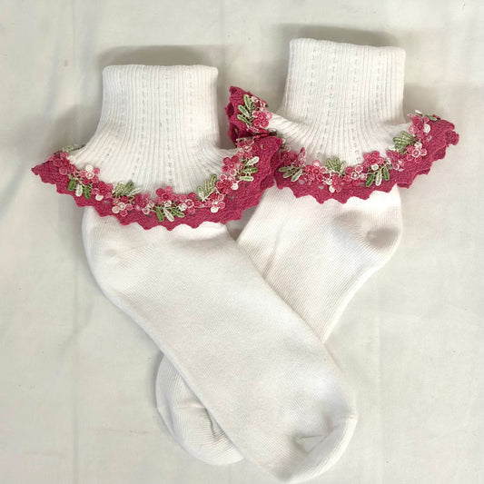 BOUQUET lace cuff socks -  fuchsia