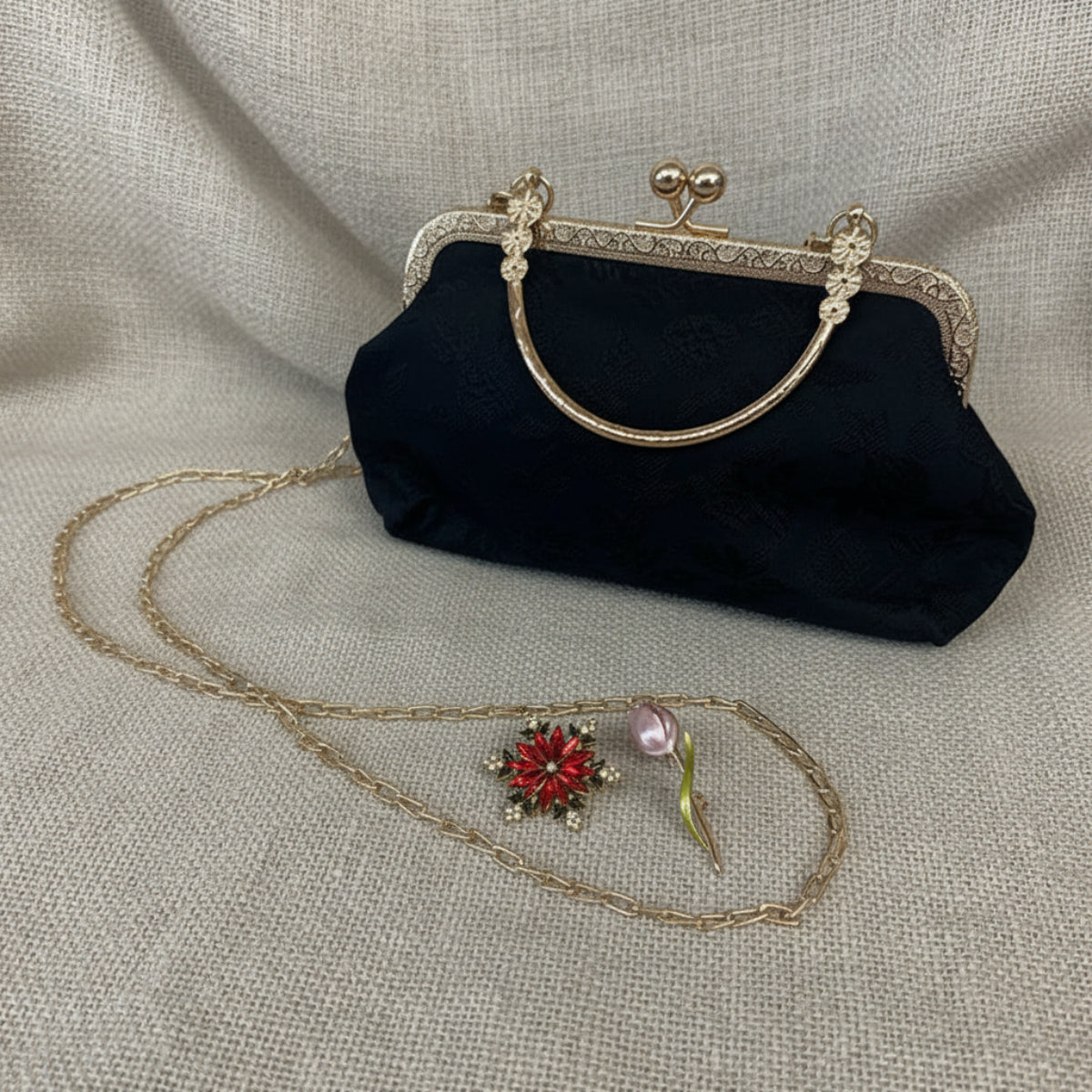 Black Brocade Evening Bag with Interchangeable Brooches – Set of 2 Pins
