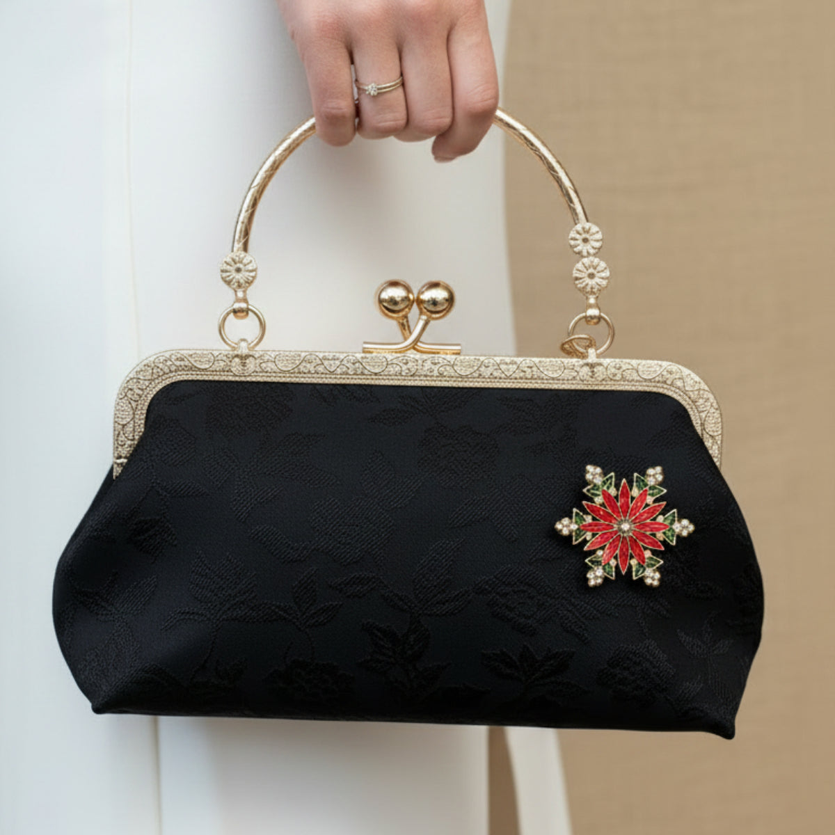 Black Brocade Evening Bag with Interchangeable Brooches – Set of 2 Pins