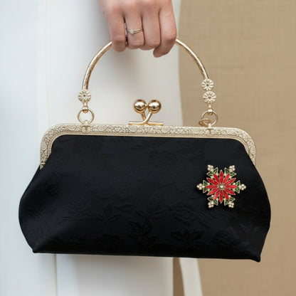 Black Brocade Evening Bag with Interchangeable Brooches – Set of 2 Pins