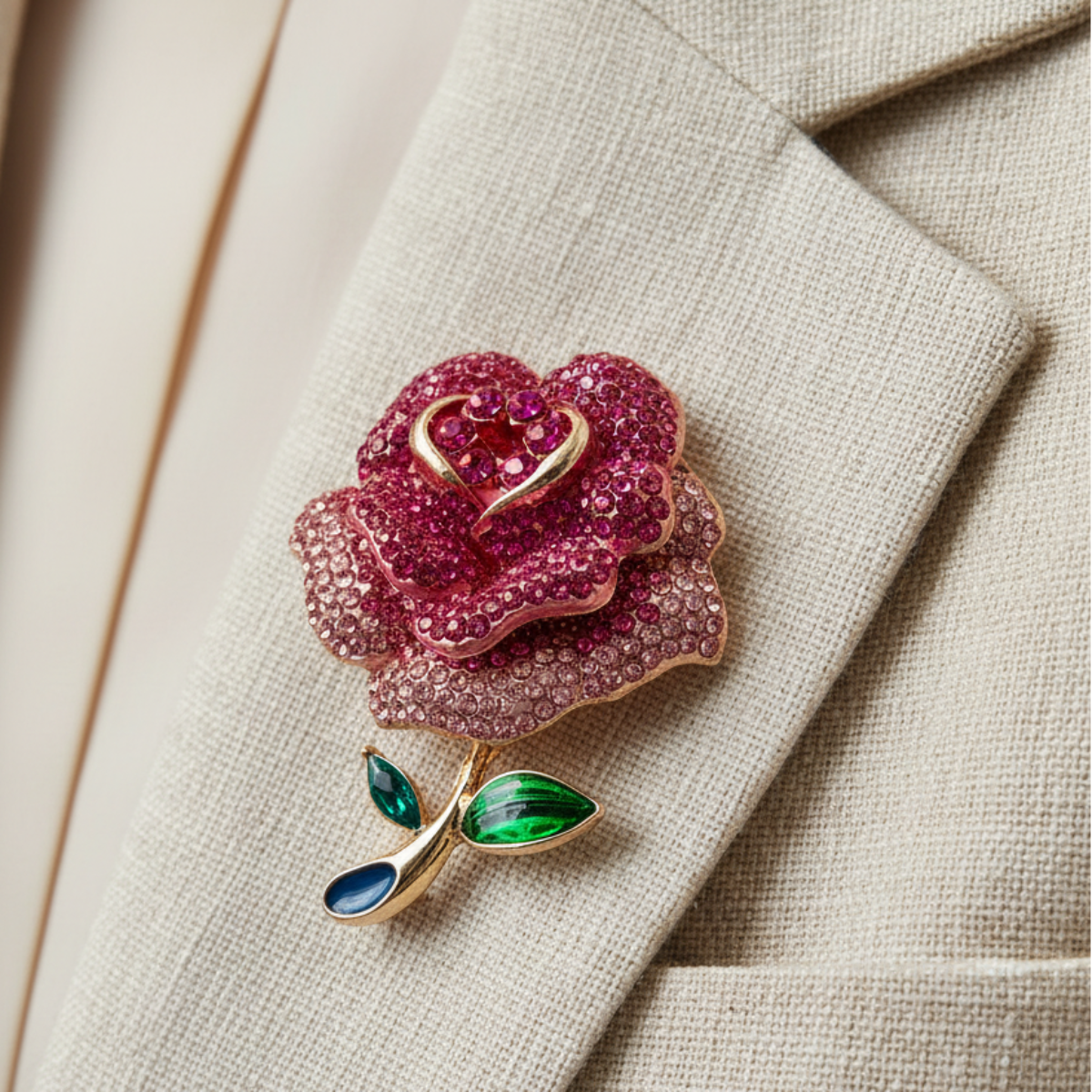Pink rose brooch with green leaves on a beige fabric background