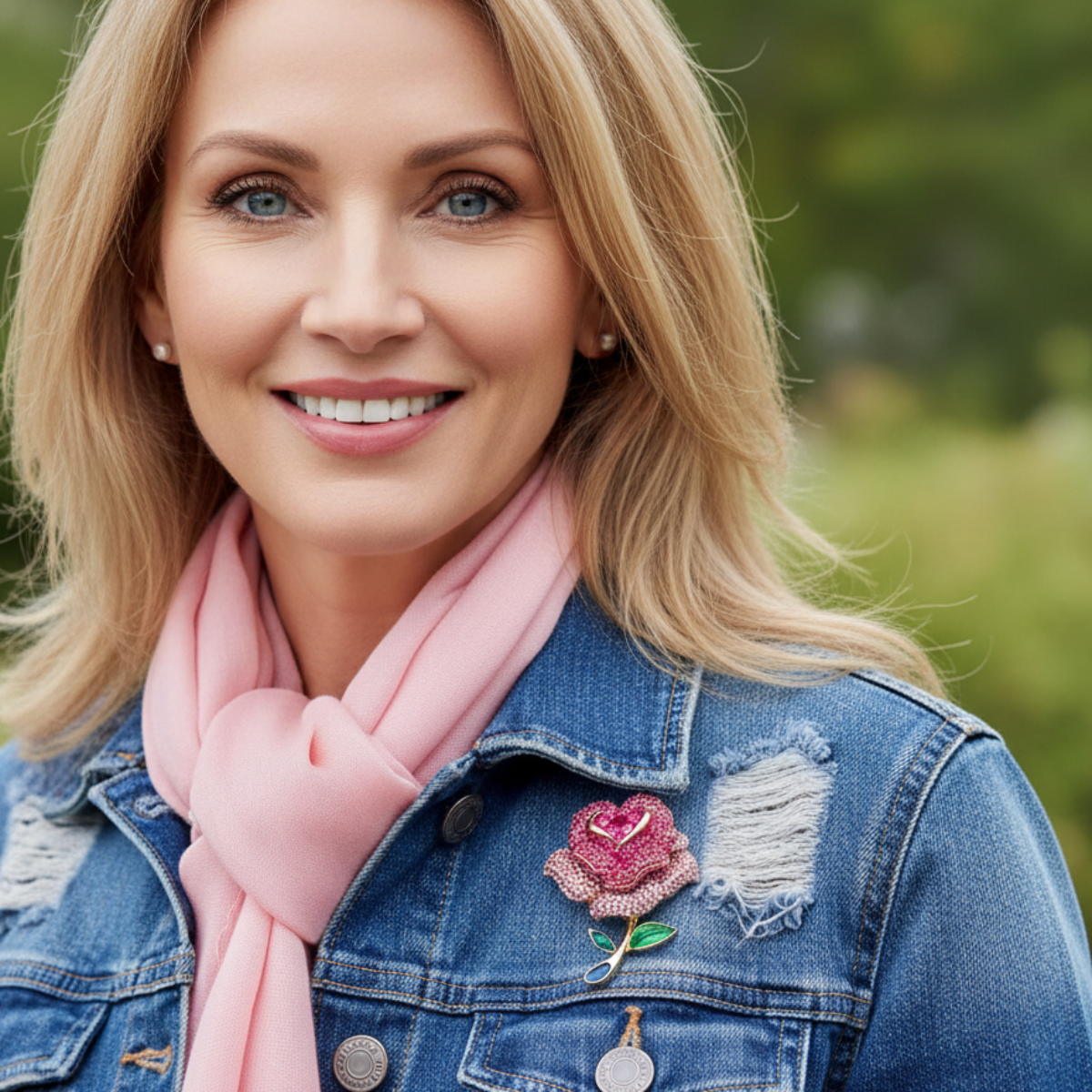 Woman wearing a denim jacket with a pink rose brooch and a pink scarf, standing outdoors.