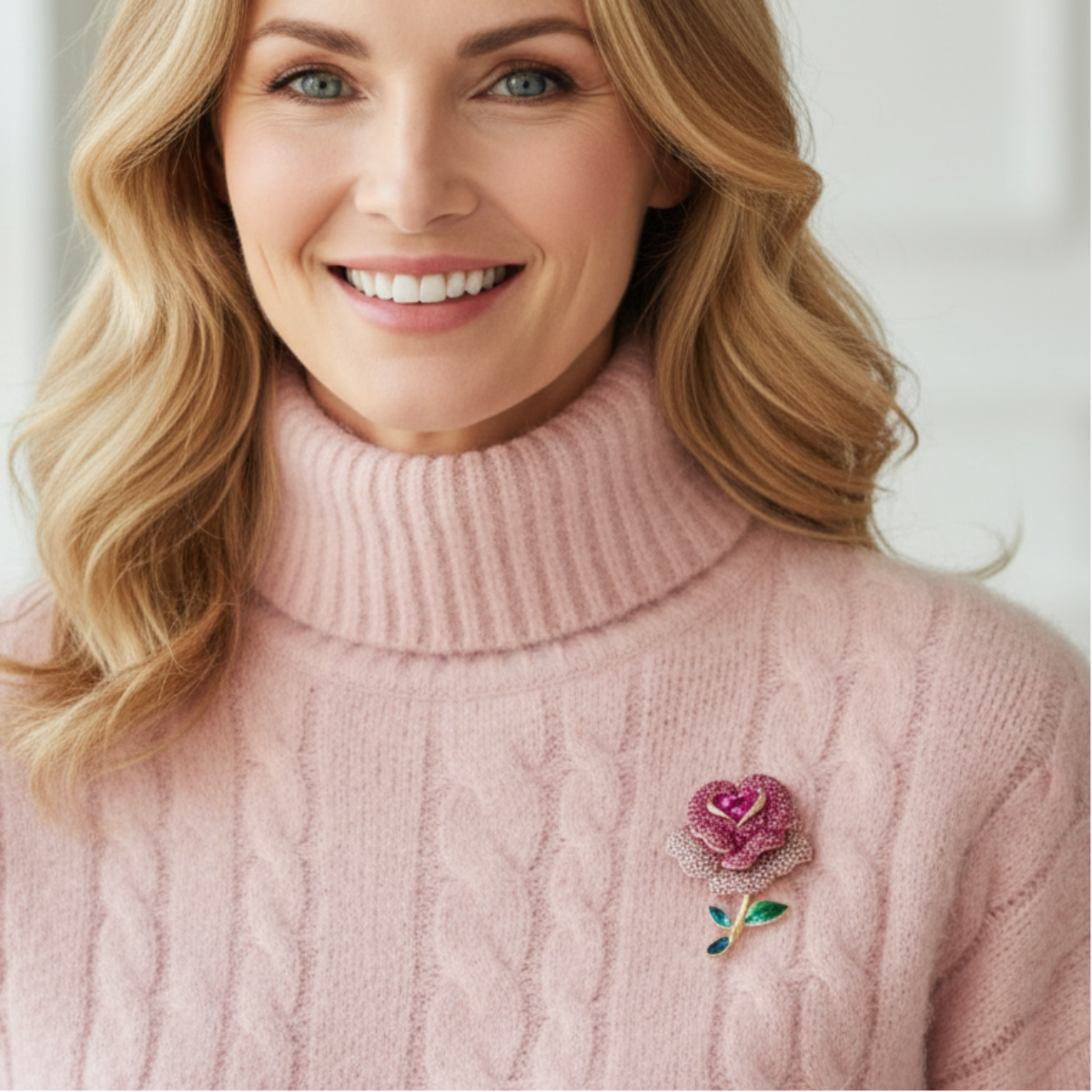 Woman wearing a pink sweater with a floral brooch on a light background