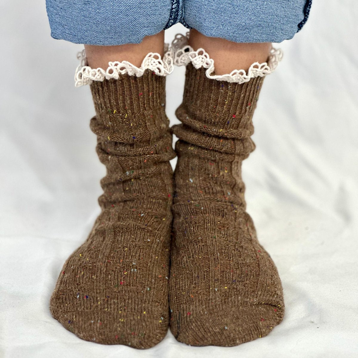 BOOTIE  lace slouch  socks - brown, fall quality slouch socks women, Catherine Cole signature socks