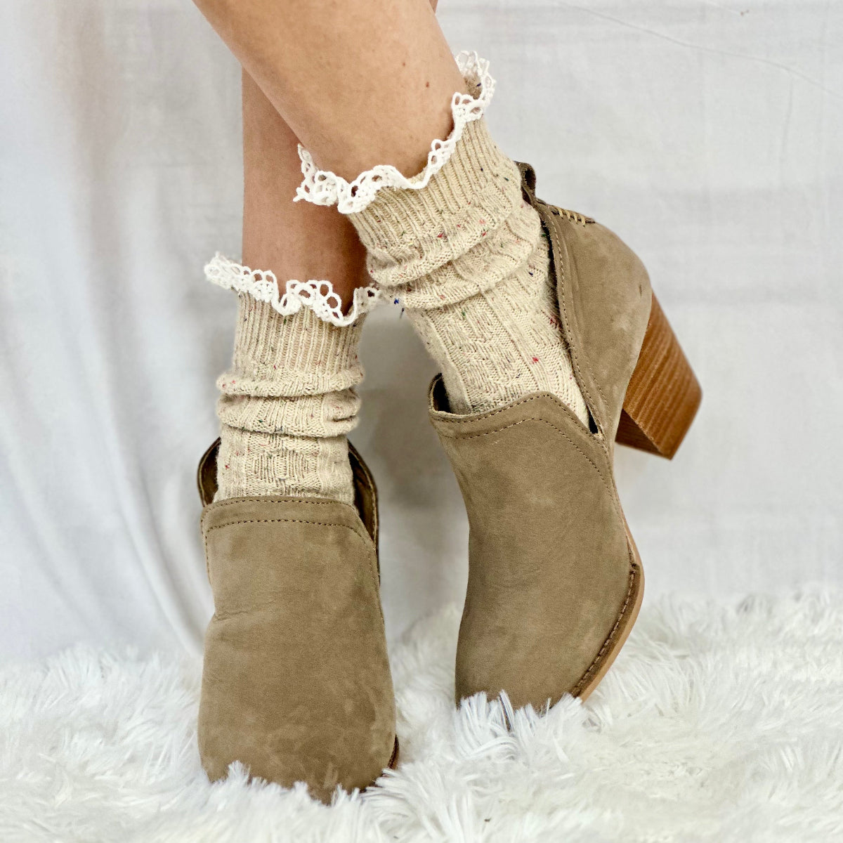 Bootie cute lace topped boot socks, linen tweed , short ankle boot socks, Catherine Cole signature socks women
