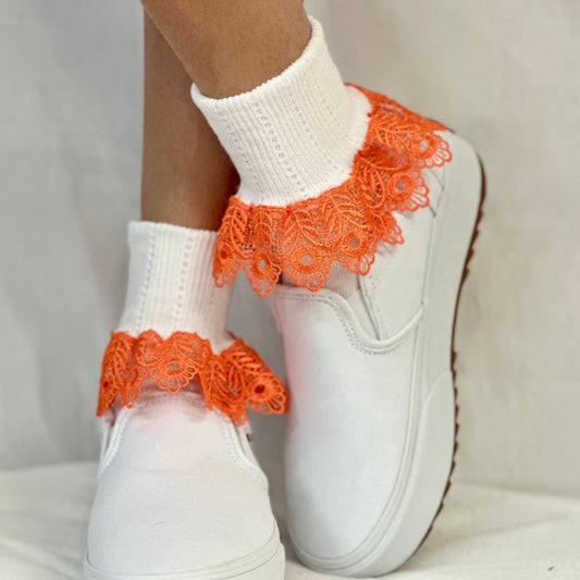 Halloween socks for women, Signature lace socks orange ladies, best quality Made USA.