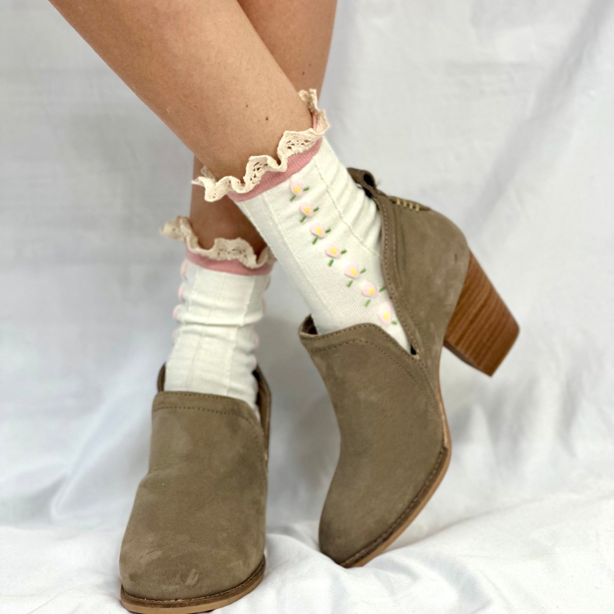 ROSEBUD  floral lace ankle sock - pink, Catherine Cole signature socks