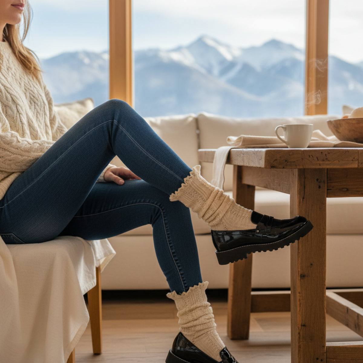CLASSIC Cable Knit Lace Top boot Socks - Natural Beige Catherine Cole