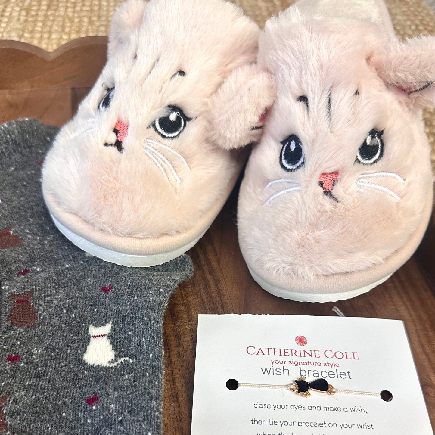Cat Lover 3-Piece Gift Set – Cozy Cat Slipper Socks, Assorted Cat Socks & Handmade Wish Bracelet by Catherine cole