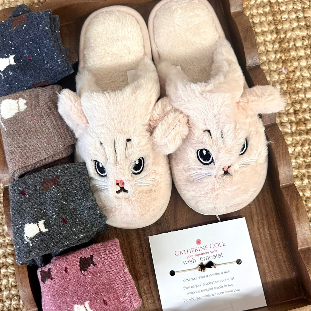 Cat Lover 3-Piece Gift Set – Cozy Cat Slipper Socks, Assorted Cat Socks & Handmade Wish Bracelet by catherine cole