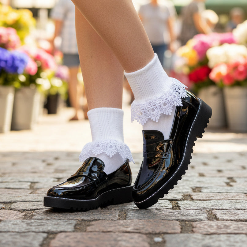 Chantilly Lace Cuff Socks White - Women's Cotton Ankle Socks