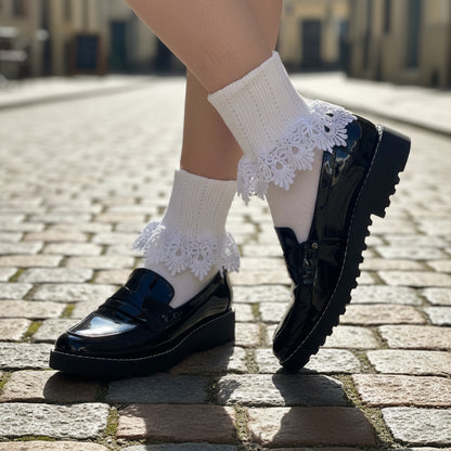 Chantilly Lace Cuff Socks White - Women's Cotton Ankle Socks