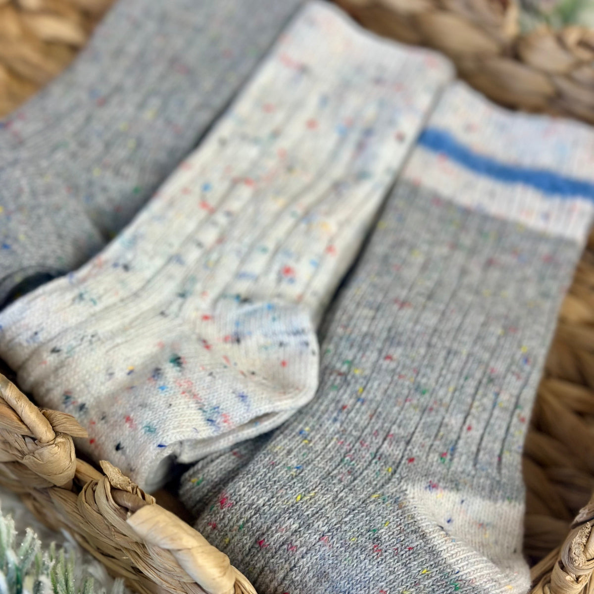 Gray socks with colorful speckles in a woven basket, Cozy grey mix patterned socks - 3 pair gift set + wish bracelet