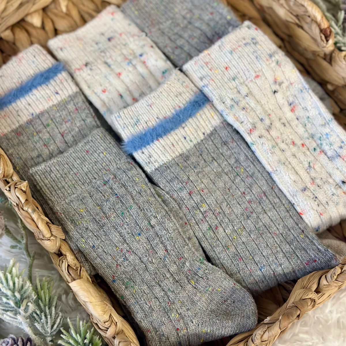 Set of gray and multicolored socks in a woven basket., Cozy grey mix patterned socks - 3 pair gift set + wish bracelet