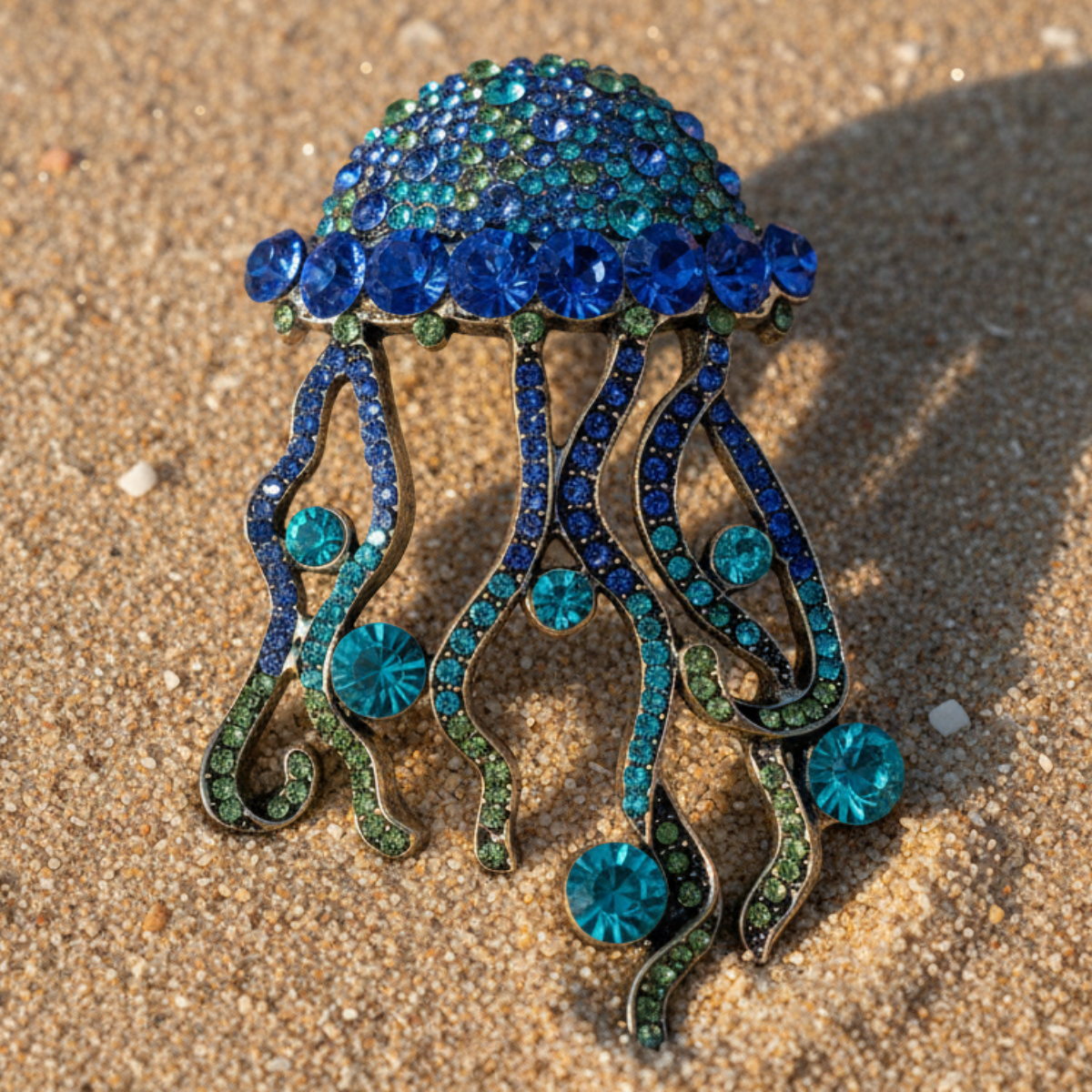 Jeweled jellyfish brooch on a sandy surface. Crystal Jellyfish Brooch Pin - Under the Sea Nautical Jewelry