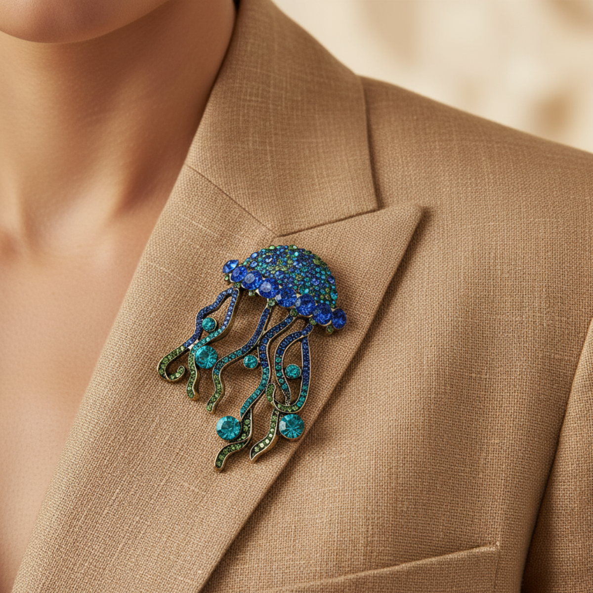 Jellyfish-shaped brooch on a beige blazer.  Crystal Jellyfish Brooch Pin - Under the Sea Nautical Jewelry