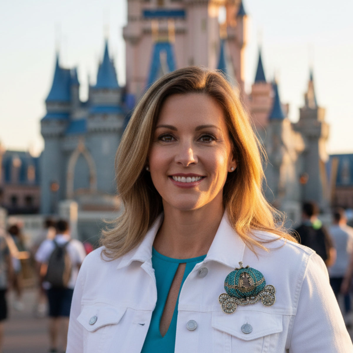 Woman in a white jacket with a brooch in front of a castle.  Crystal Pumpkin Coach Brooch Pin - Cinderella's Enchanted Carriage