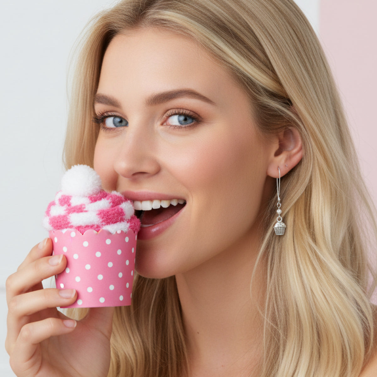 Cupcake Socks & Cupcake Earring Gift Set | Fuzzy Socks + Charm Earrings | Sweet Treat Gift