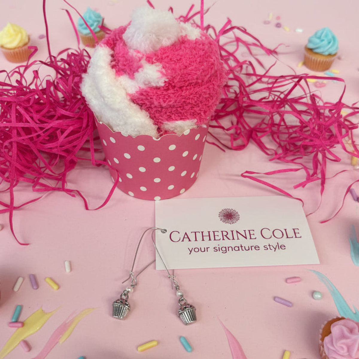 Cupcake Socks & Cupcake Earring Gift Set | Fuzzy Socks + Charm Earrings | Sweet Treat Gift