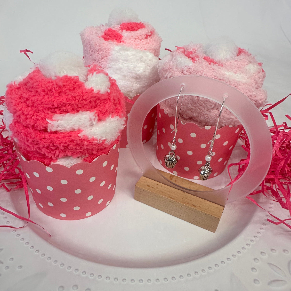 Cupcake Socks & Cupcake Earring Gift Set | Fuzzy Socks + Charm Earrings | Sweet Treat Gift