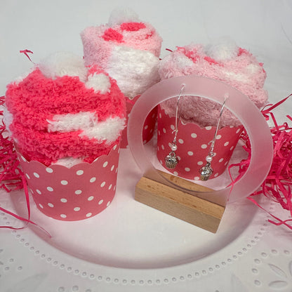 Cupcake Socks & Cupcake Earring Gift Set | Fuzzy Socks + Charm Earrings | Sweet Treat Gift