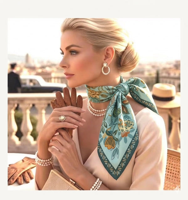 25" The Portofino Teal Botanical Silk-Look Square Scarf