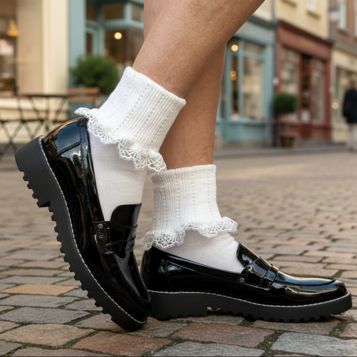 Black shoes with white socks featuring lace trim on a textured surface.  DAINTY Lace Cuff Ankle Socks - White