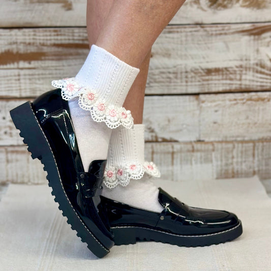 DAISY MAE  lace cuff socks - white pink