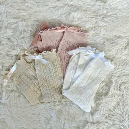 BOW ruffle top pointelle sock - white, beige, blush