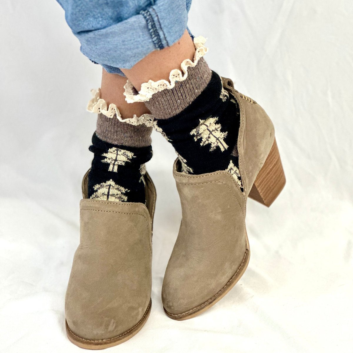 FALL LEAF lace topped socks - black, Catherine Cole signature socks women