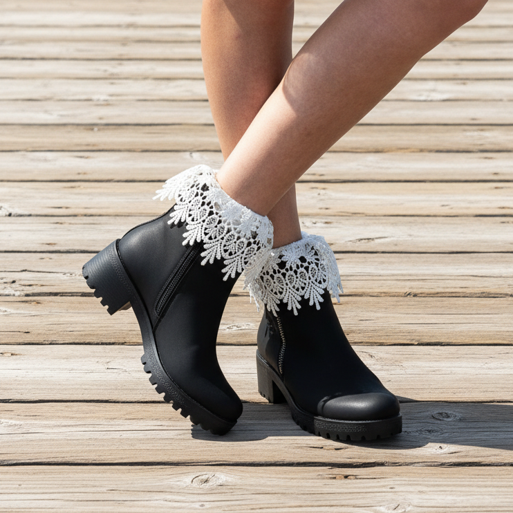 Signature Ruffled ankle Lace Boot Socks - White