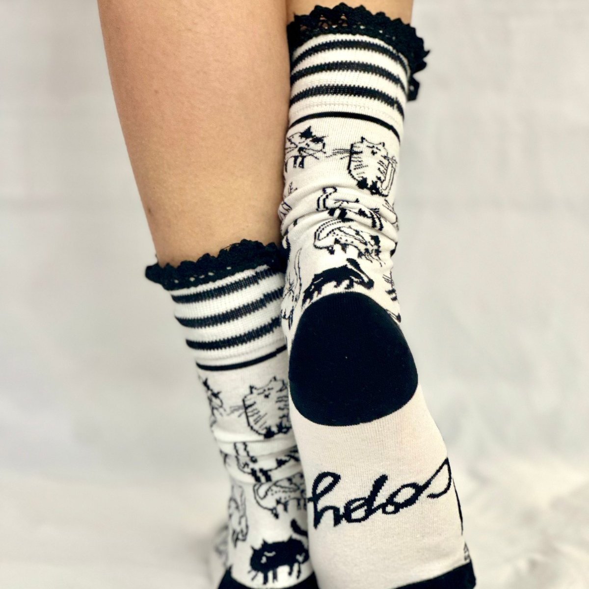 COPY CAT novelty print crew sock women's- black white, Catherine Cole Signature socks