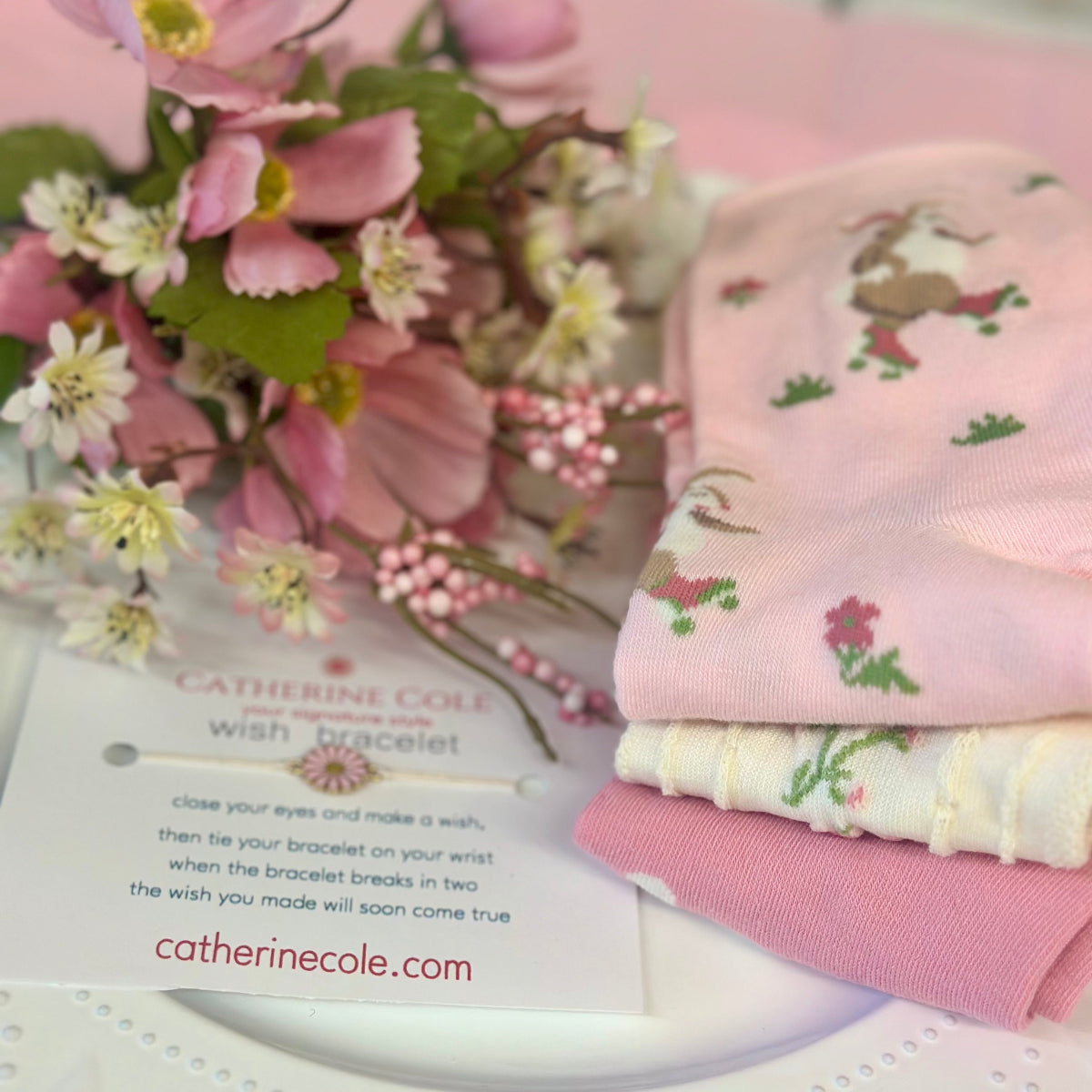 Easter Spring Socks 3-Pack + Pink Flower Wish Bracelet | Pastel Bundle ladies