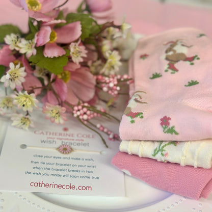 Easter Spring Socks 3-Pack + Pink Flower Wish Bracelet | Pastel Bundle ladies
