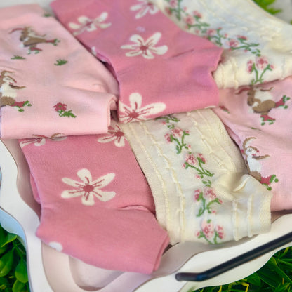 Easter Spring Socks 3-Pack + Pink Flower Wish Bracelet | Pastel Bundle ladies