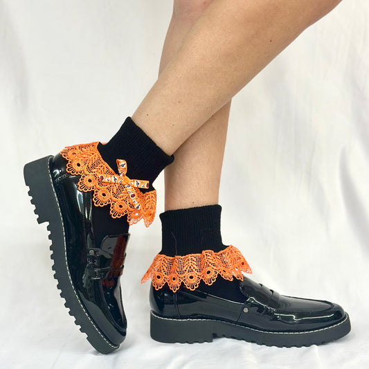 HALLOWEEN  bow  lace cuff socks - black / orange