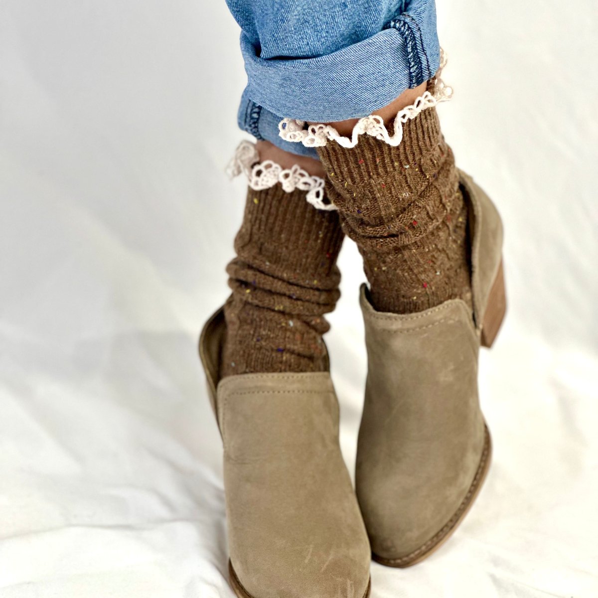 BOOTIE  lace slouch  socks - brown, fall quality slouch socks women, Catherine Cole signature socks
