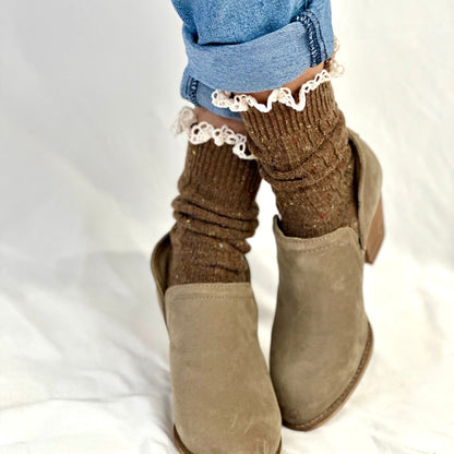BOOTIE  lace slouch  socks - brown, fall quality slouch socks women, Catherine Cole signature socks