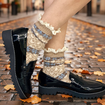 FAIR ISLE Lace Top Socks - Camel, nordicp attern short lace boot socks Catherine cole