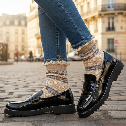 FAIR ISLE Lace Top Socks - Camel, cute lace topped socks for women