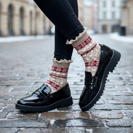 FAIR ISLE Lace Top Socks - Wine & Tan,winter lace ankle socks women