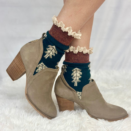 FALL LEAF lace topped socks - teal, cute lace topped ankle  boot socks catherine cole signature style