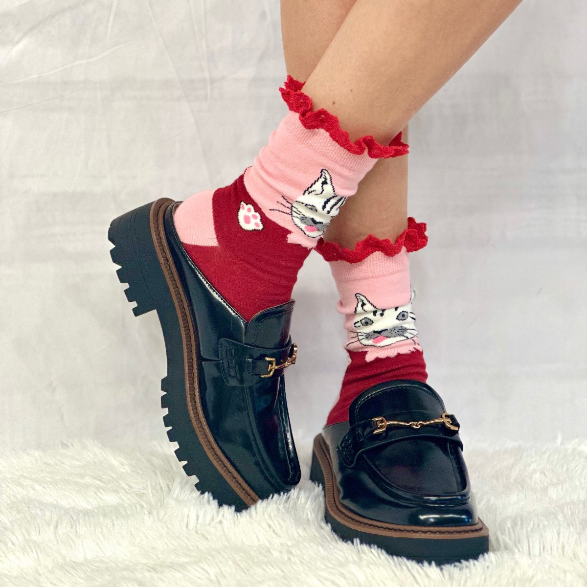 FELINE fun novelty print crew sock womens- red pink, cute cat socks, fun novelty socks, Catherine Cole signature socks