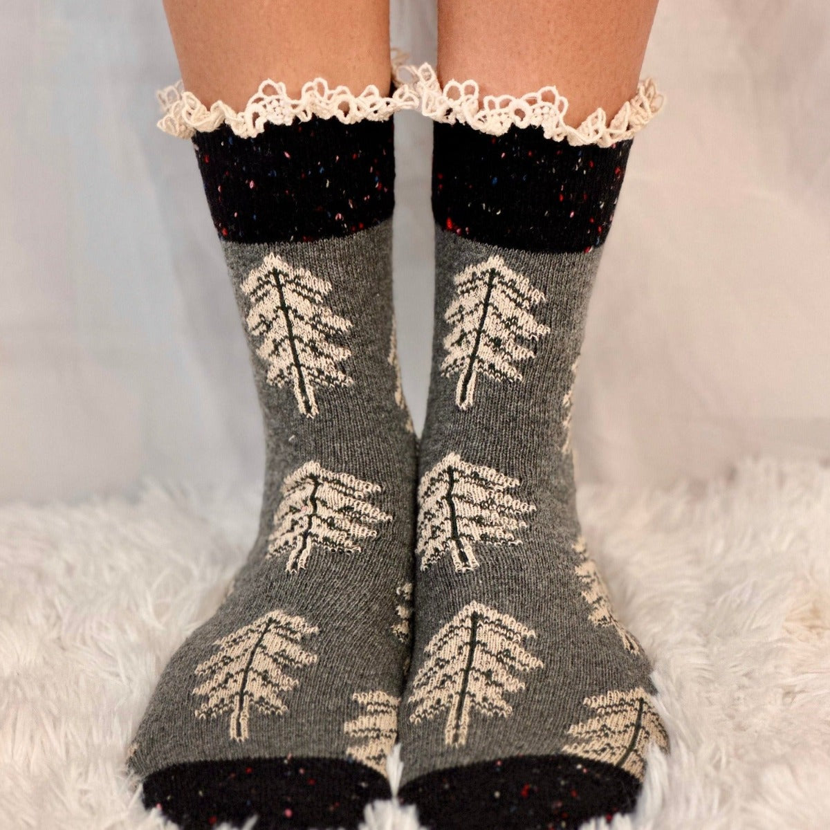 FOREST knit whimsical print crew sock - grey - Catherine Cole socks, cool fall printed socks laadies.