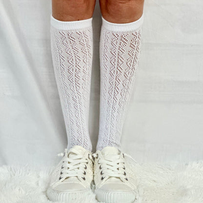 FLIRTY tall lace pointelle knee socks women, cute summer fashion, socks for boots and sneakers. Catherine Cole signature socks