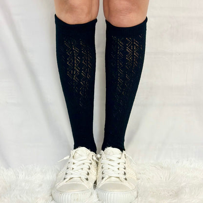 FLIRTY tall lace pointelle knee socks women, cute summer fashion, socks for boots and sneakers. Catherine Cole signature socks