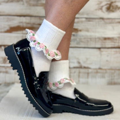 FLOWERS  lace cuff socks - white pink